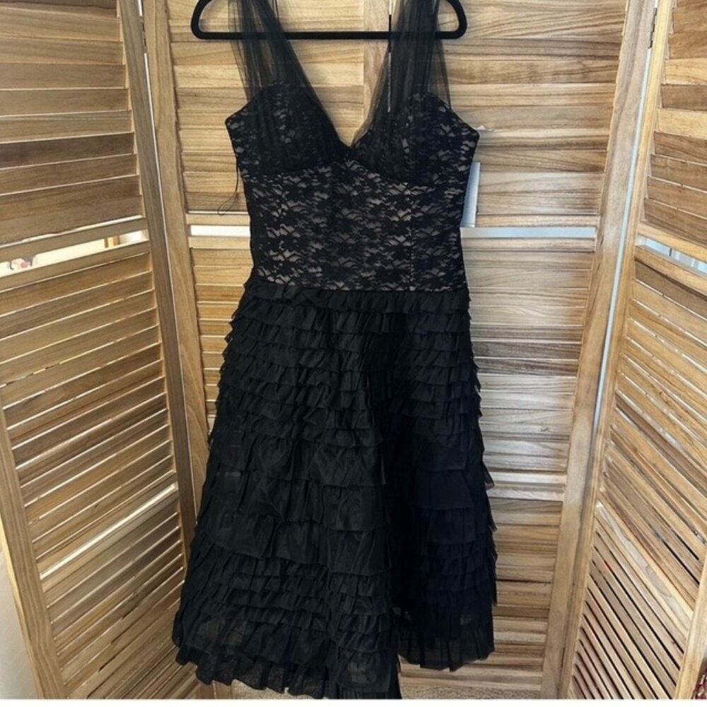 Rickie Freeman Teri Jon Black Silk Ruffled Midi Dress NWT - Size 14